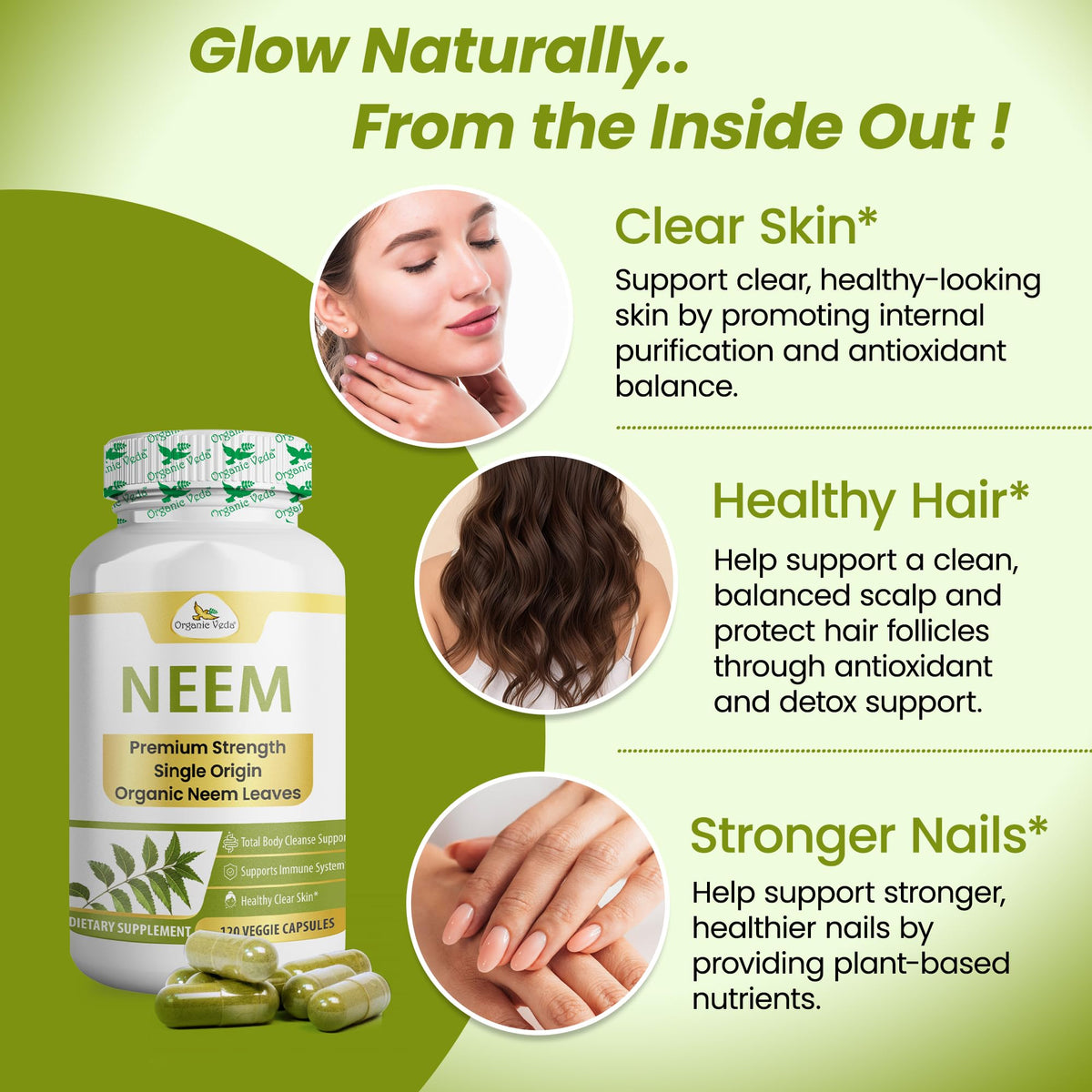 Capsules de neem Organic Veda avec des ingrédients naturels en arrière-plan