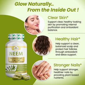 Capsules de neem Organic Veda avec des ingrédients naturels en arrière-plan