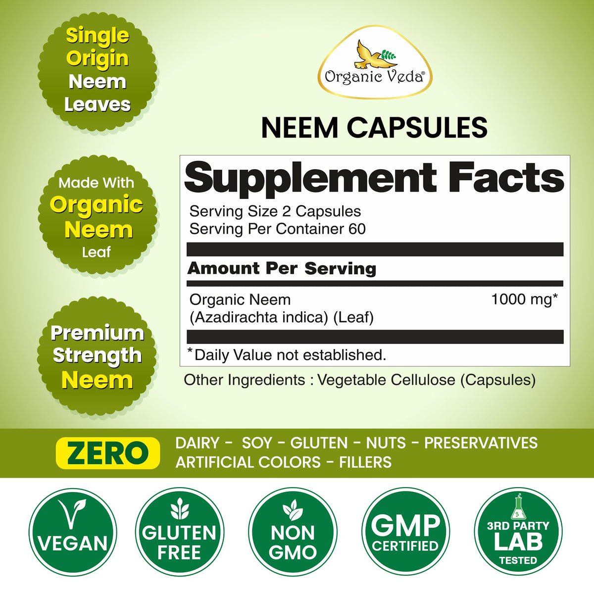 Capsules de neem Organic Veda montrant la taille des capsules
