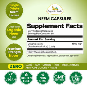 Capsules de neem Organic Veda montrant la taille des capsules
