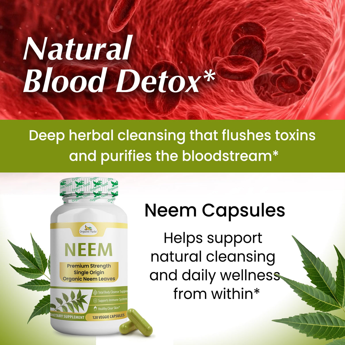 Capsules de neem Organic Veda sur une table en bois