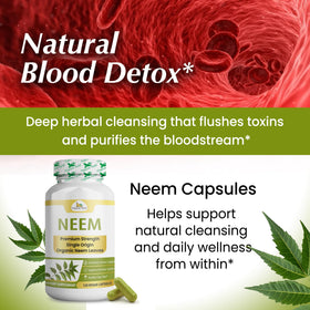 Capsules de neem Organic Veda sur une table en bois