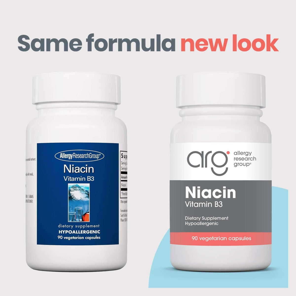 Capsules de Niacine 250 mg Allergy Research Group sur fond blanc