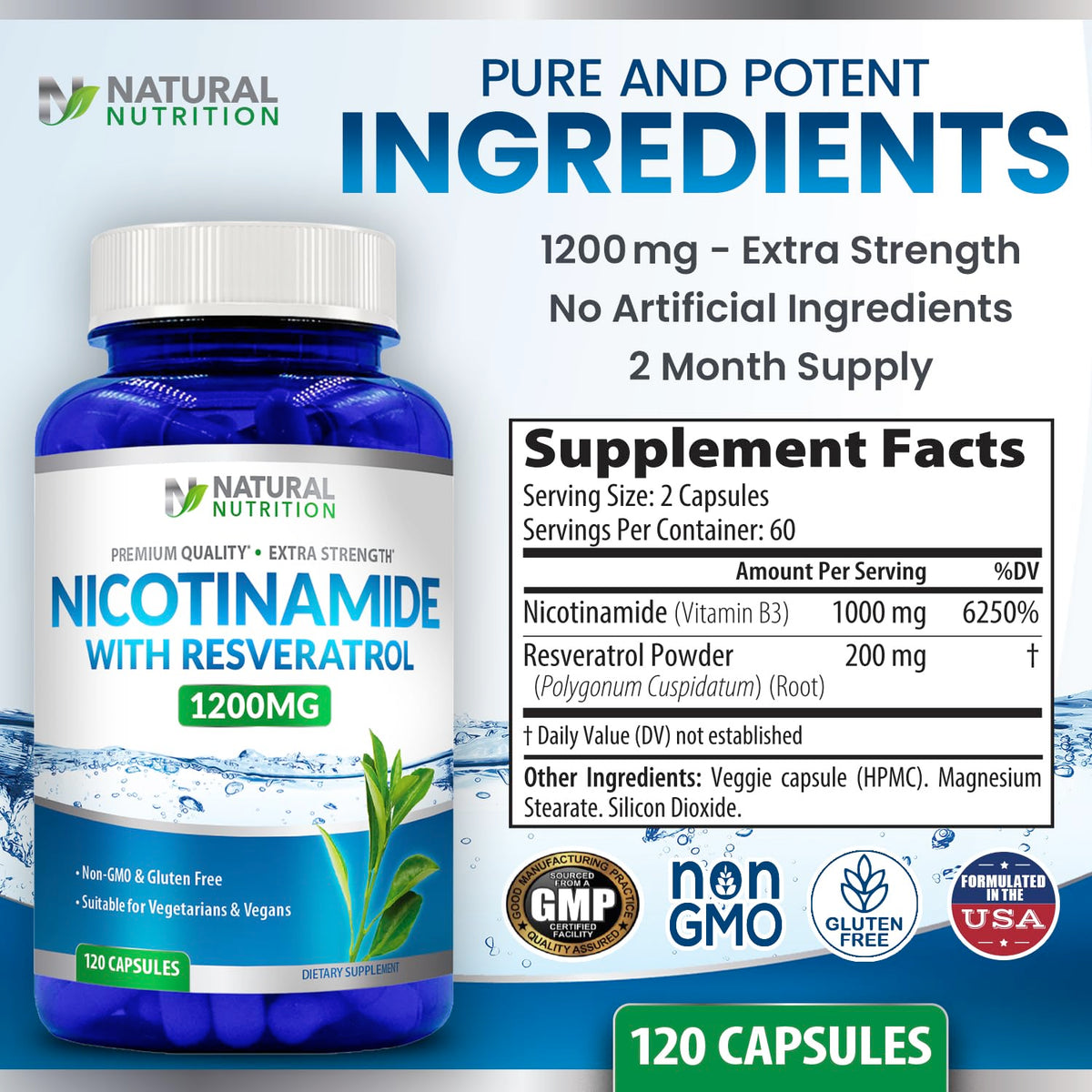 Capsules de Nicotinamide 1200mg avec Resvératrol sur fond blanc