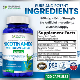 Capsules de Nicotinamide 1200mg avec Resvératrol sur fond blanc