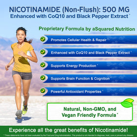 Capsules de Nicotinamide 500mg avec CoQ10 sur une surface blanche
