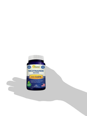 Capsules de Nicotinamide 500mg avec CoQ10 sur une surface en bois