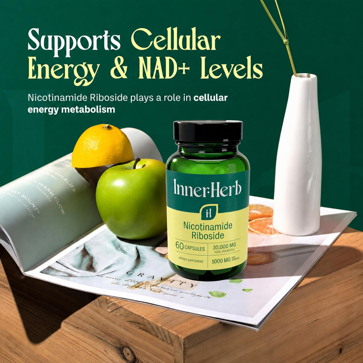 Capsules de Nicotinamide Riboside InnerHerb sur une surface en bois