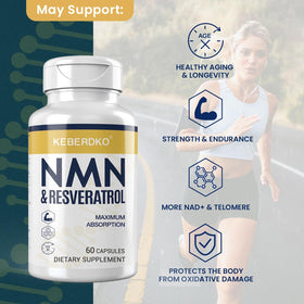 Capsules de NMN et Resvératrol Keberdko sur fond blanc