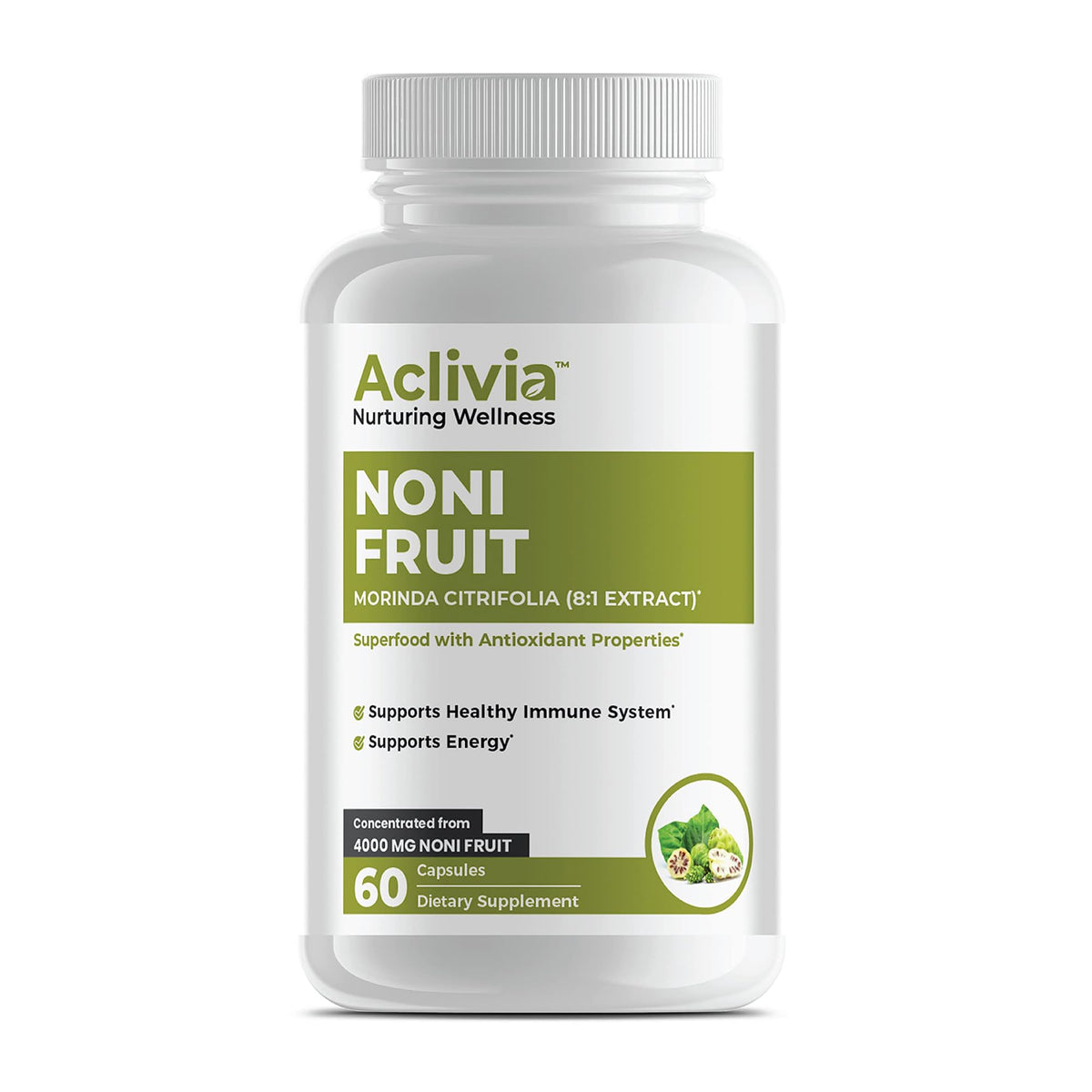 Capsules de noni Aclivia 4000 mg en bouteille vue de face