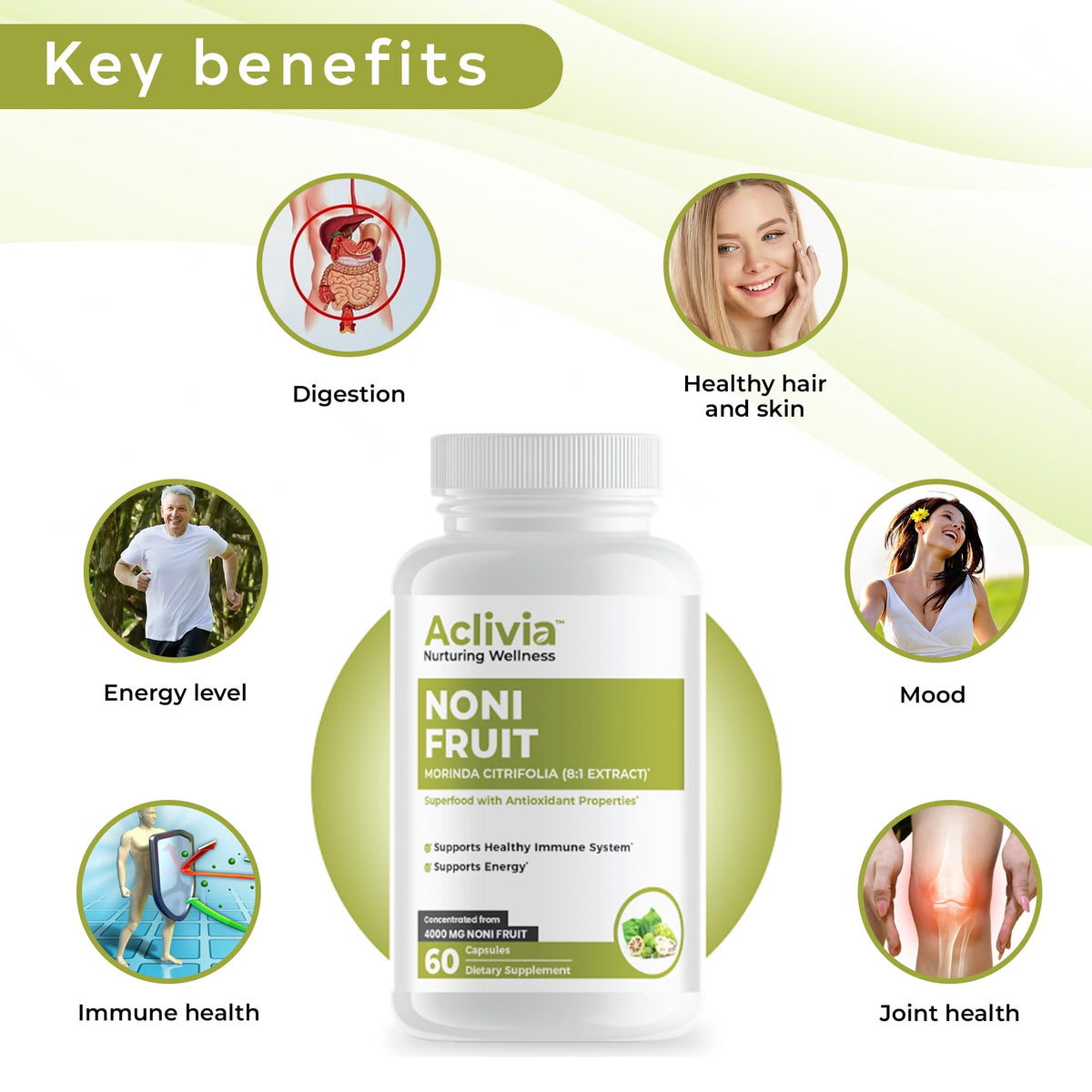 Capsules de noni Aclivia avec fruits de noni en arrière-plan