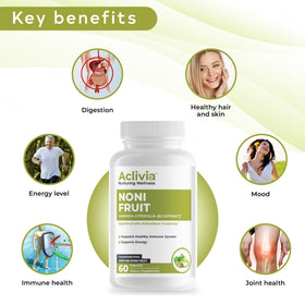 Capsules de noni Aclivia avec fruits de noni en arrière-plan