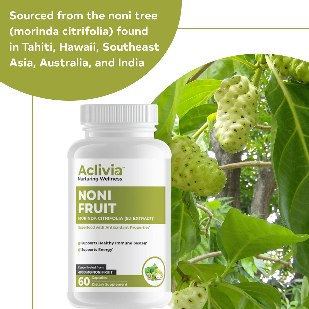 Capsules de noni Aclivia sur une table en bois
