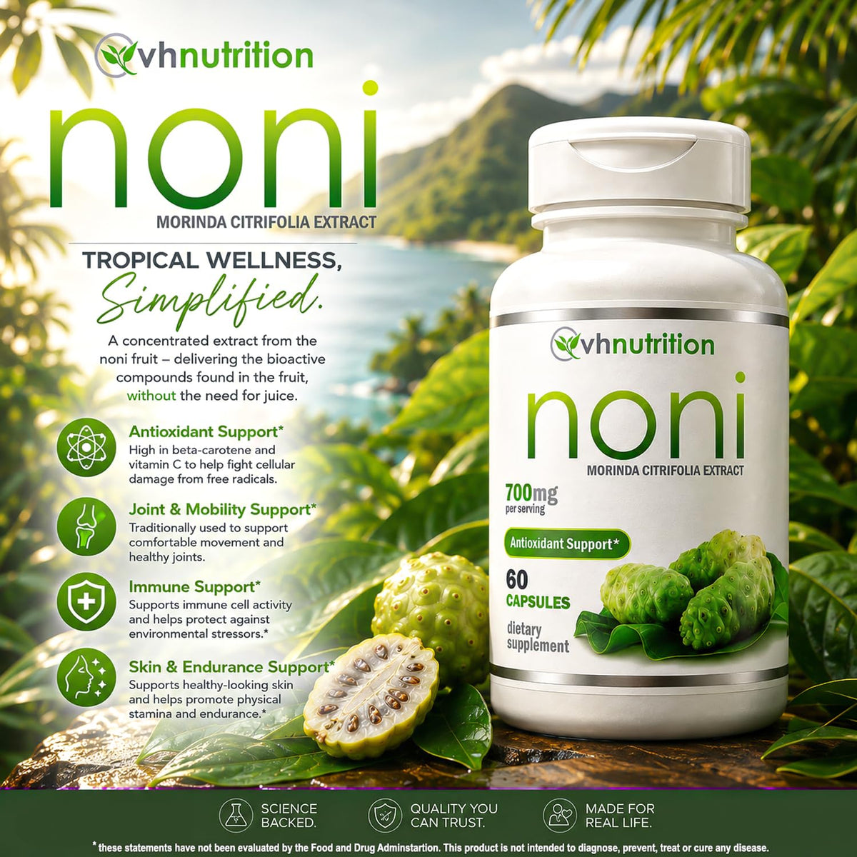 Capsules de Noni VH Nutrition, dosage de 700mg sur l'étiquette