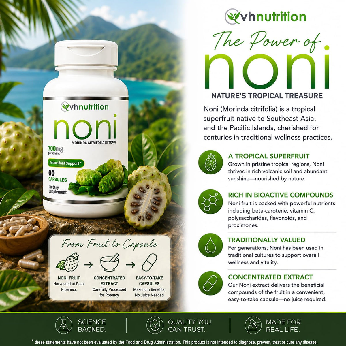 Capsules de Noni VH Nutrition, prise en main avec un verre d'eau