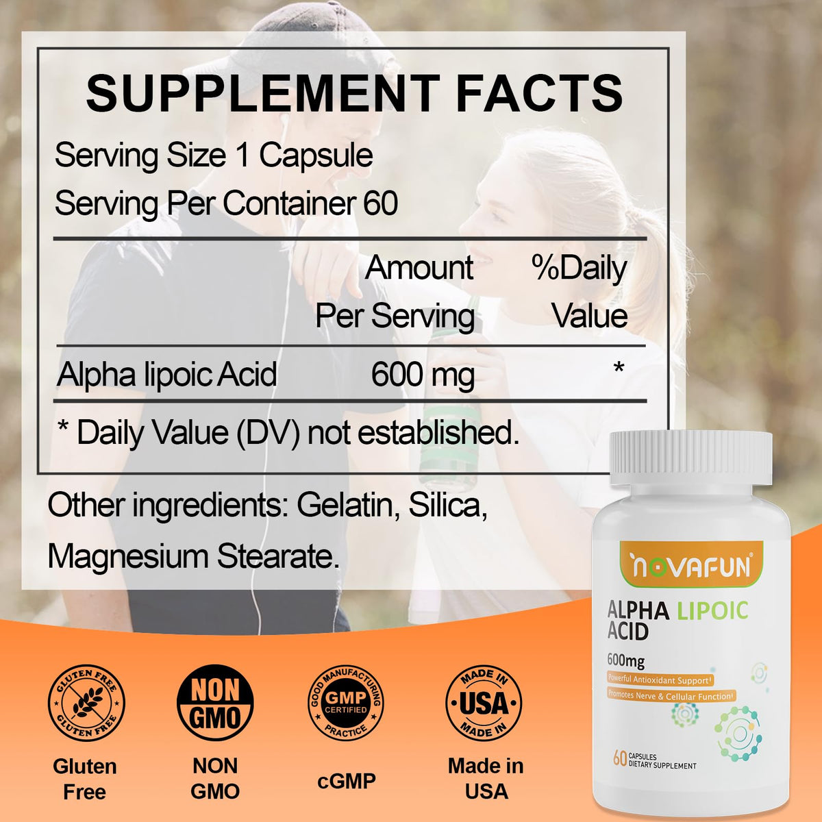 Capsules de Novafun Acide Alpha Lipoïque sur fond blanc