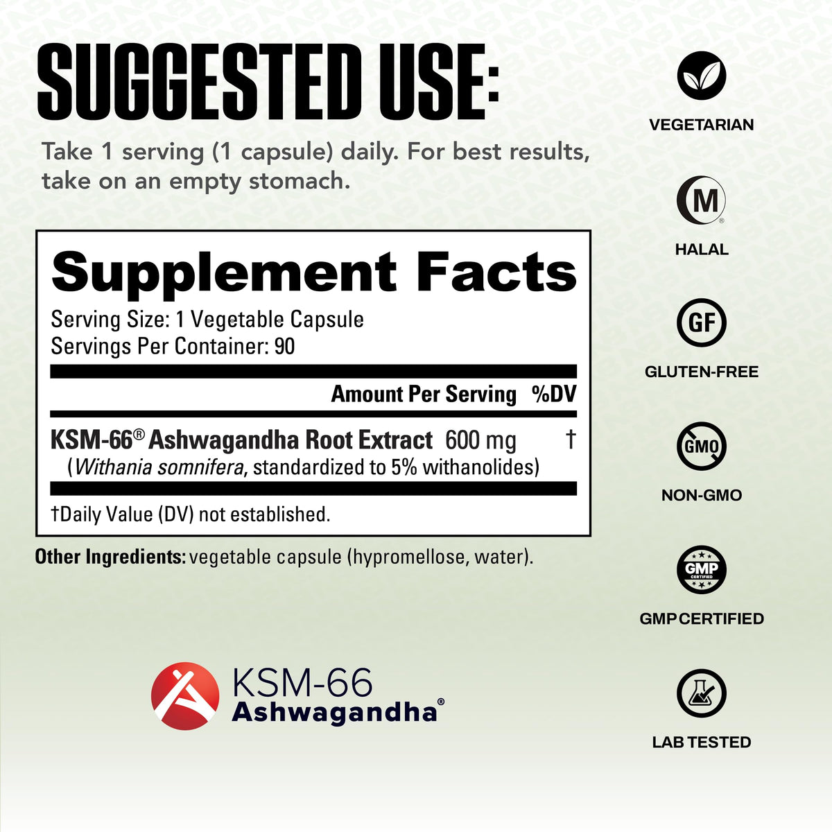Capsules de NutraBio Ashwagandha KSM-66 sur fond blanc