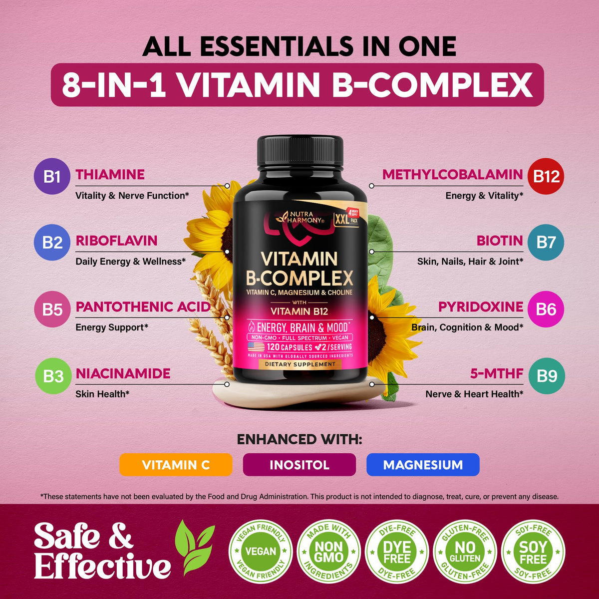 Capsules de NUTRAHARMONY Complexe de Vitamines B sur une surface blanche
