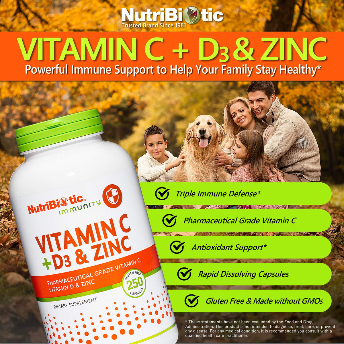 Capsules de NutriBiotic Vitamine C + D3 & Zinc sur une surface blanche