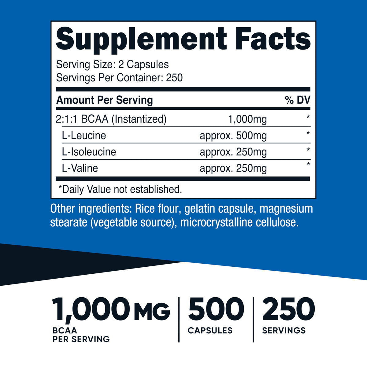 Capsules de Nutricost BCAA présentées sur une surface blanche