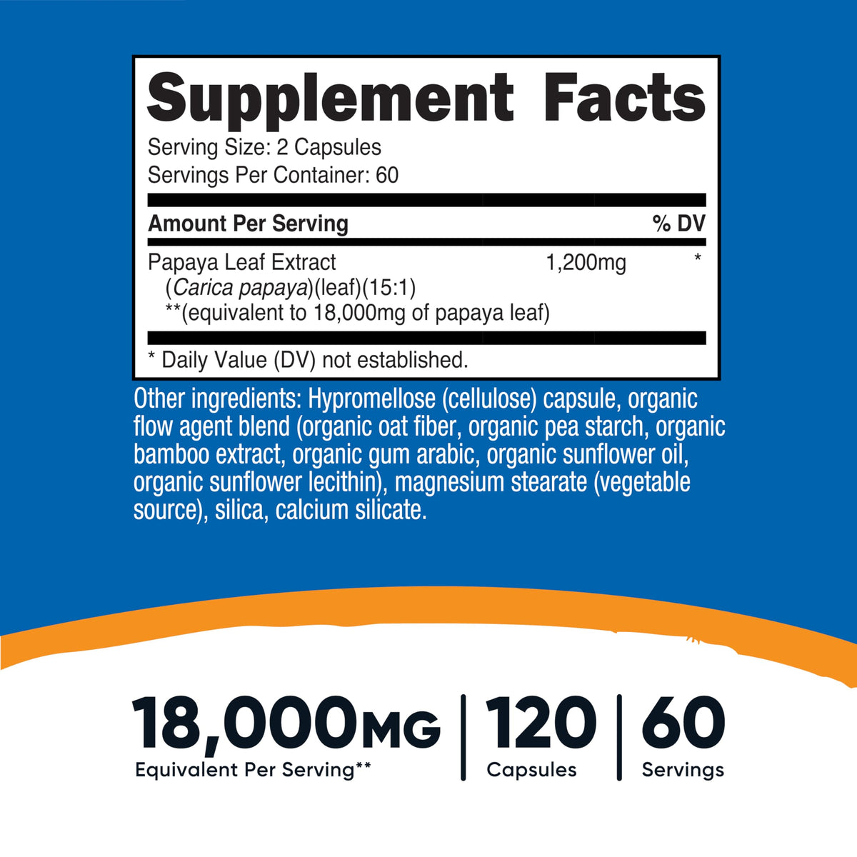 Capsules de Nutricost Extrait de Feuille de Papaye sur fond blanc