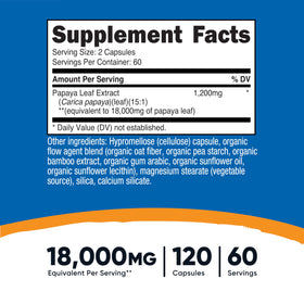 Capsules de Nutricost Extrait de Feuille de Papaye sur fond blanc