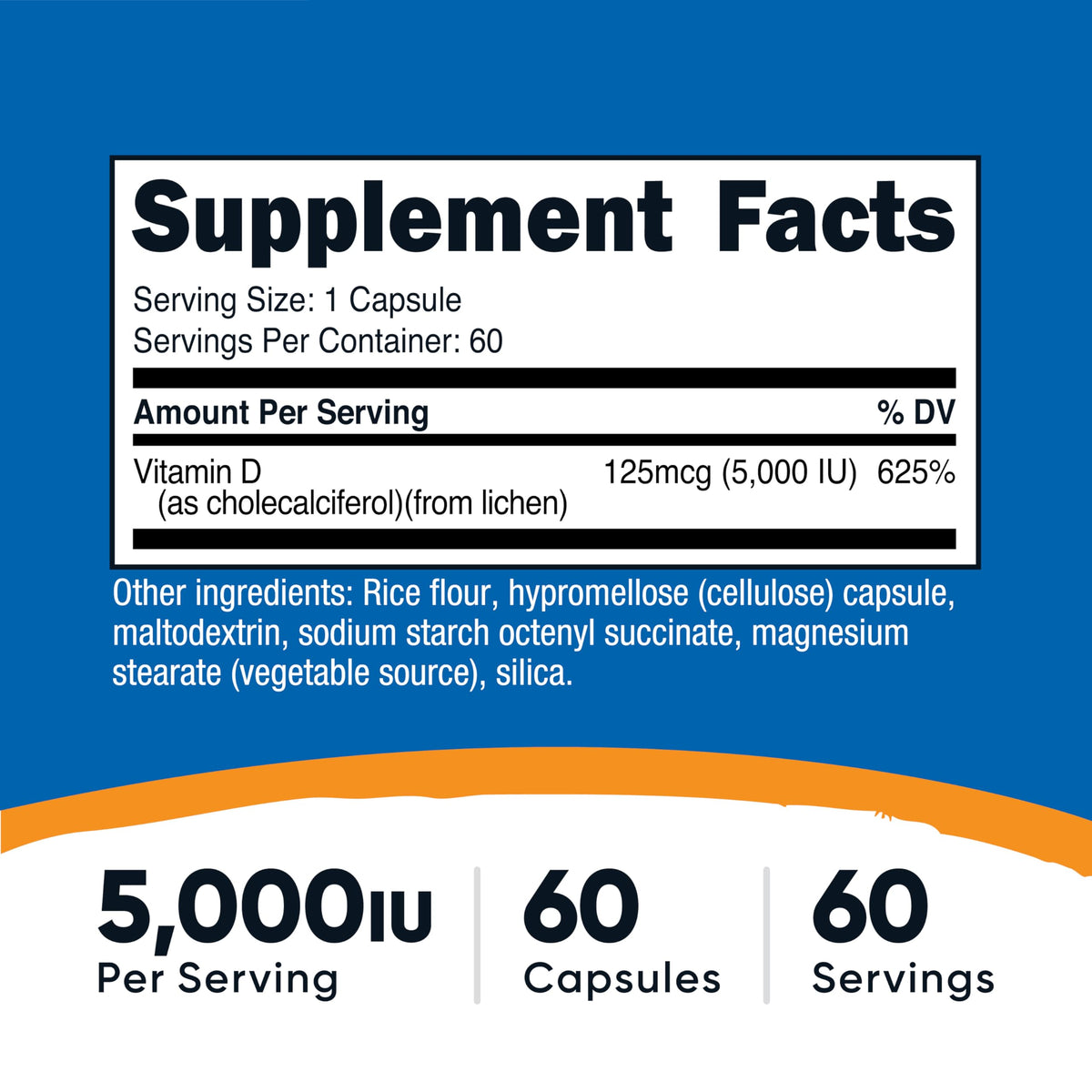 Capsules de Nutricost Vitamine D3 Vegan 5000 UI sur fond blanc