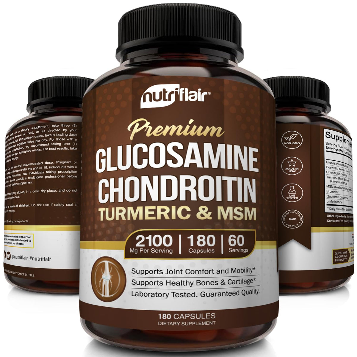 Capsules de NutriFlair Glucosamine Chondroïtine avec des ingrédients naturels en arrière-plan