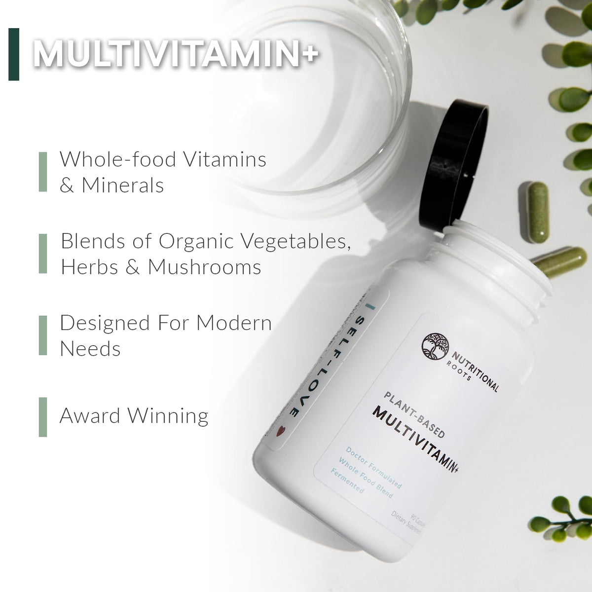 Capsules de Nutritional Roots sur une surface blanche