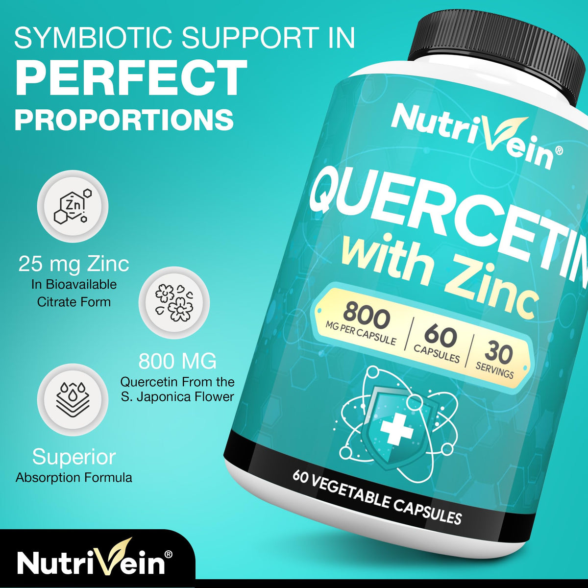 Capsules de Nutrivein Quercetine avec Zinc sur fond blanc