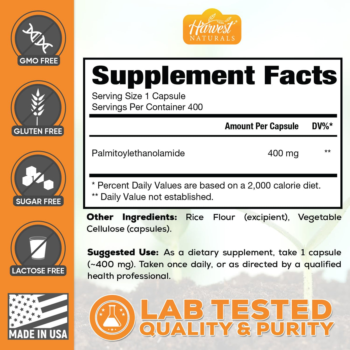 Capsules de Palmitoylethanolamide HARVEST NATURALS 400mg - dosage de 400mg