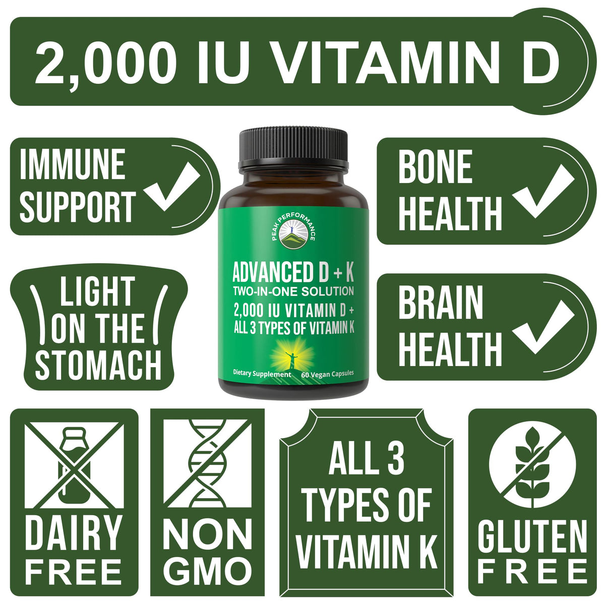 Capsules de Peak Performance Vitamine D 2000 IU avec Vitamine K