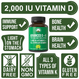 Capsules de Peak Performance Vitamine D 2000 IU avec Vitamine K