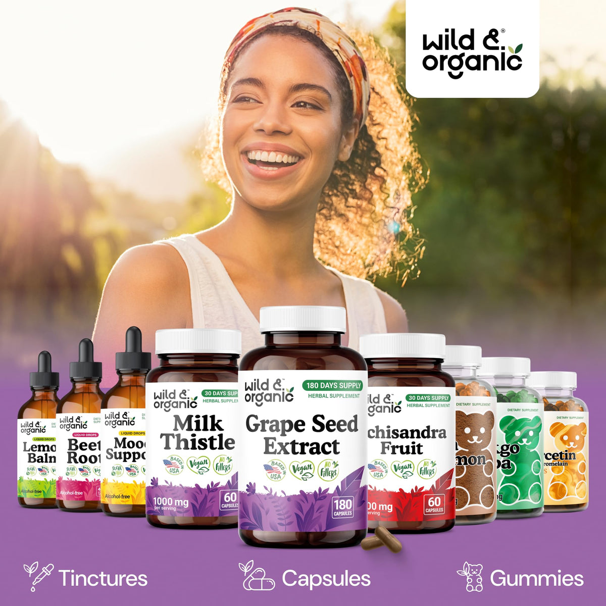 Capsules de pépins de raisin Wild & Organic avec un verre d'eau