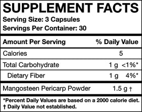 Capsules de péricarpes de mangoustan MOJObody en arrière-plan avec des fruits frais