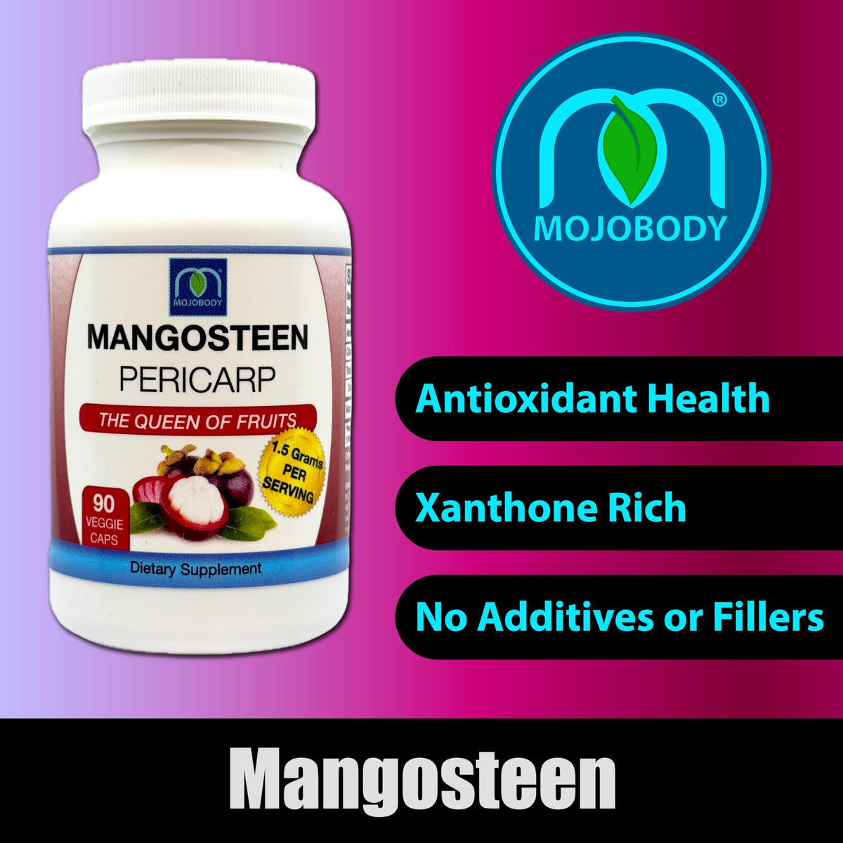 Capsules de péricarpes de mangoustan MOJObody sur une surface en bois