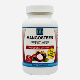 Capsules de péricarpes de mangoustan MOJObody sur une table avec des fruits