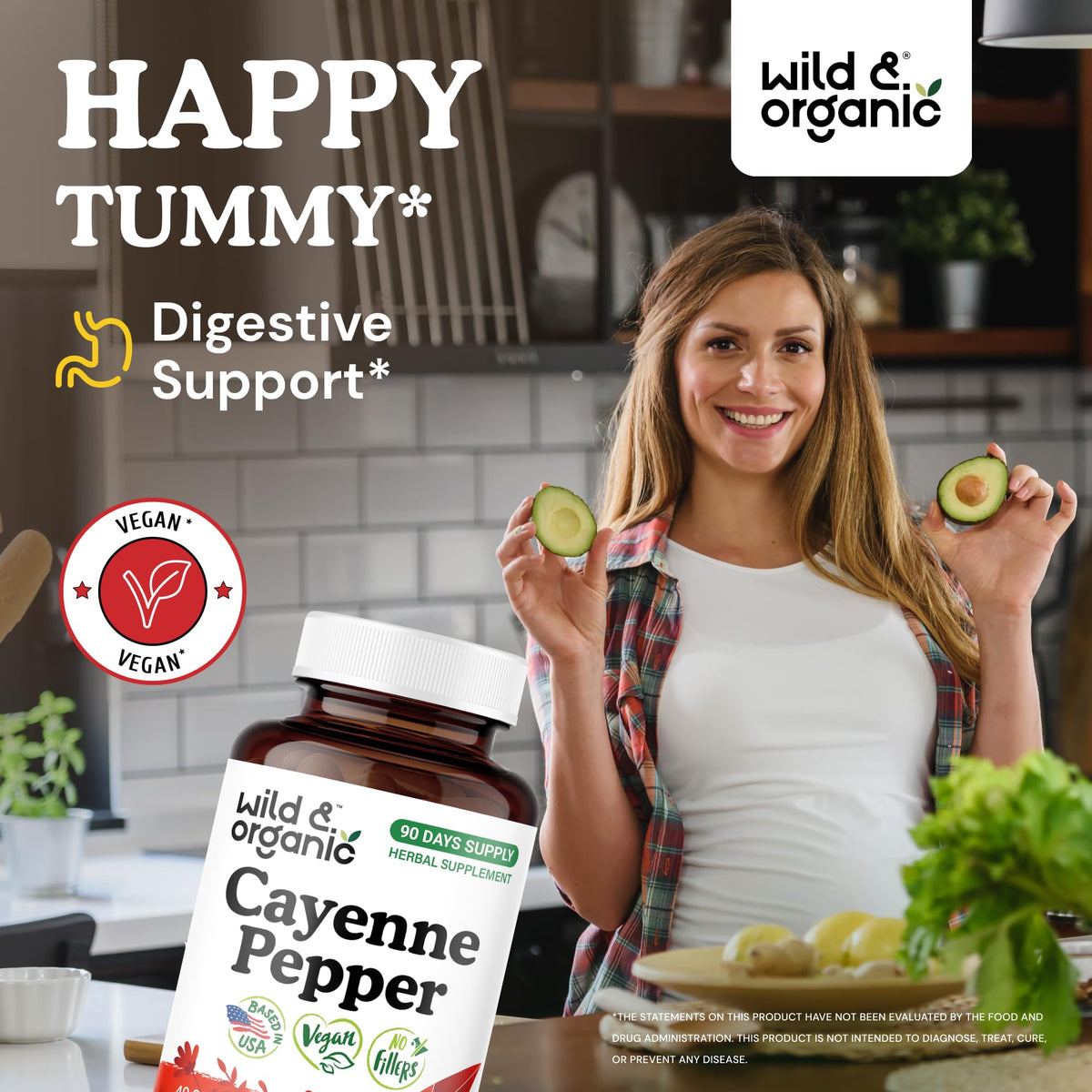 Capsules de piment de cayenne Wild & Organic sur fond blanc