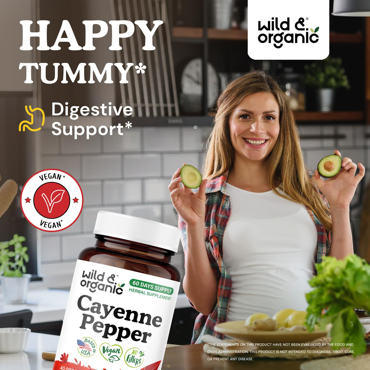 Capsules de piment de cayenne Wild & Organic sur une surface blanche