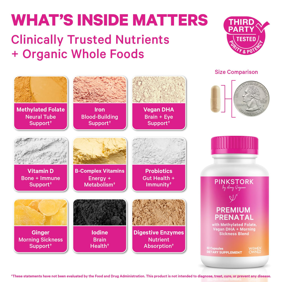 Capsules de Pink Stork Complément Alimentaire Prénatal sur une surface blanche