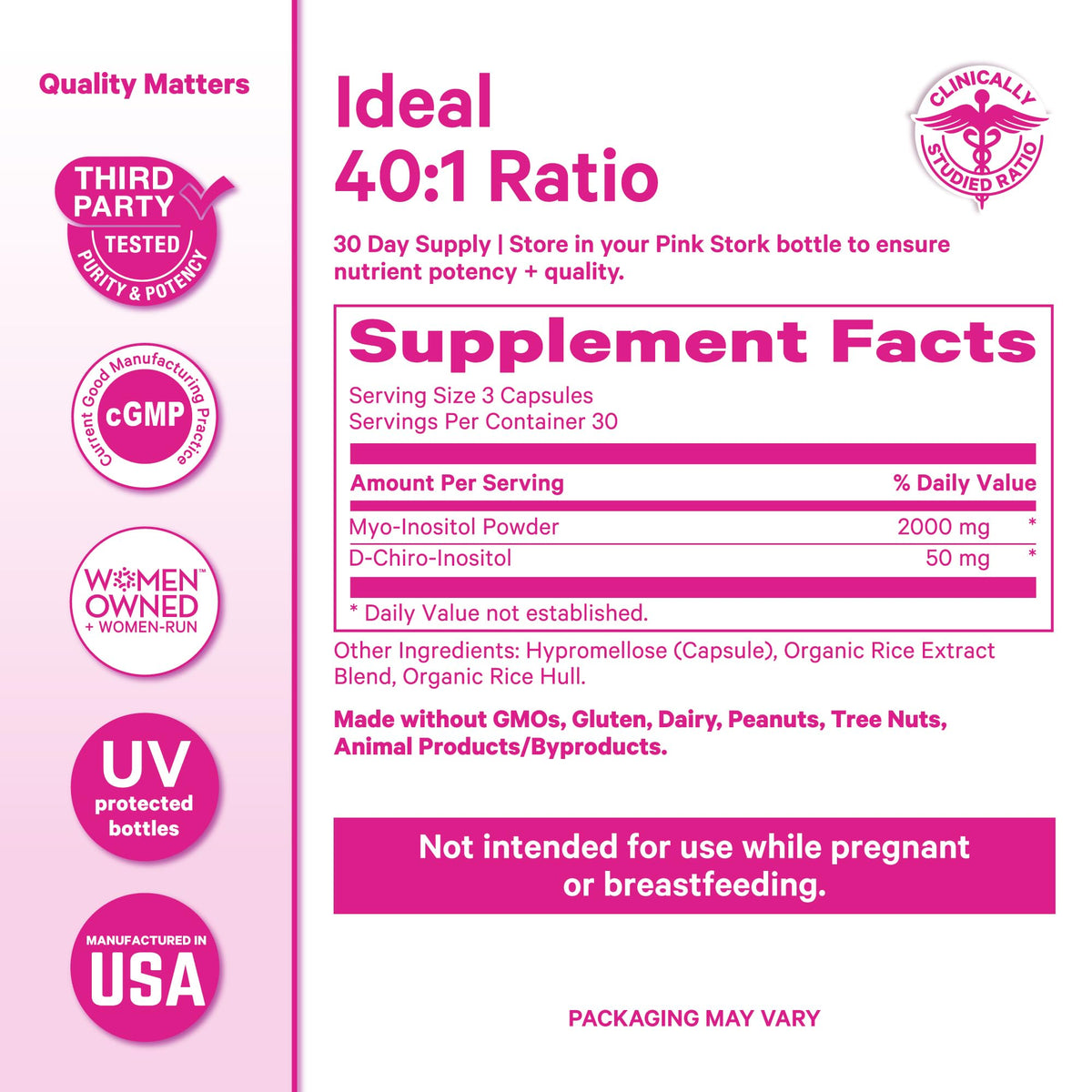 Capsules de Pink Stork Inositol avec un fond naturel