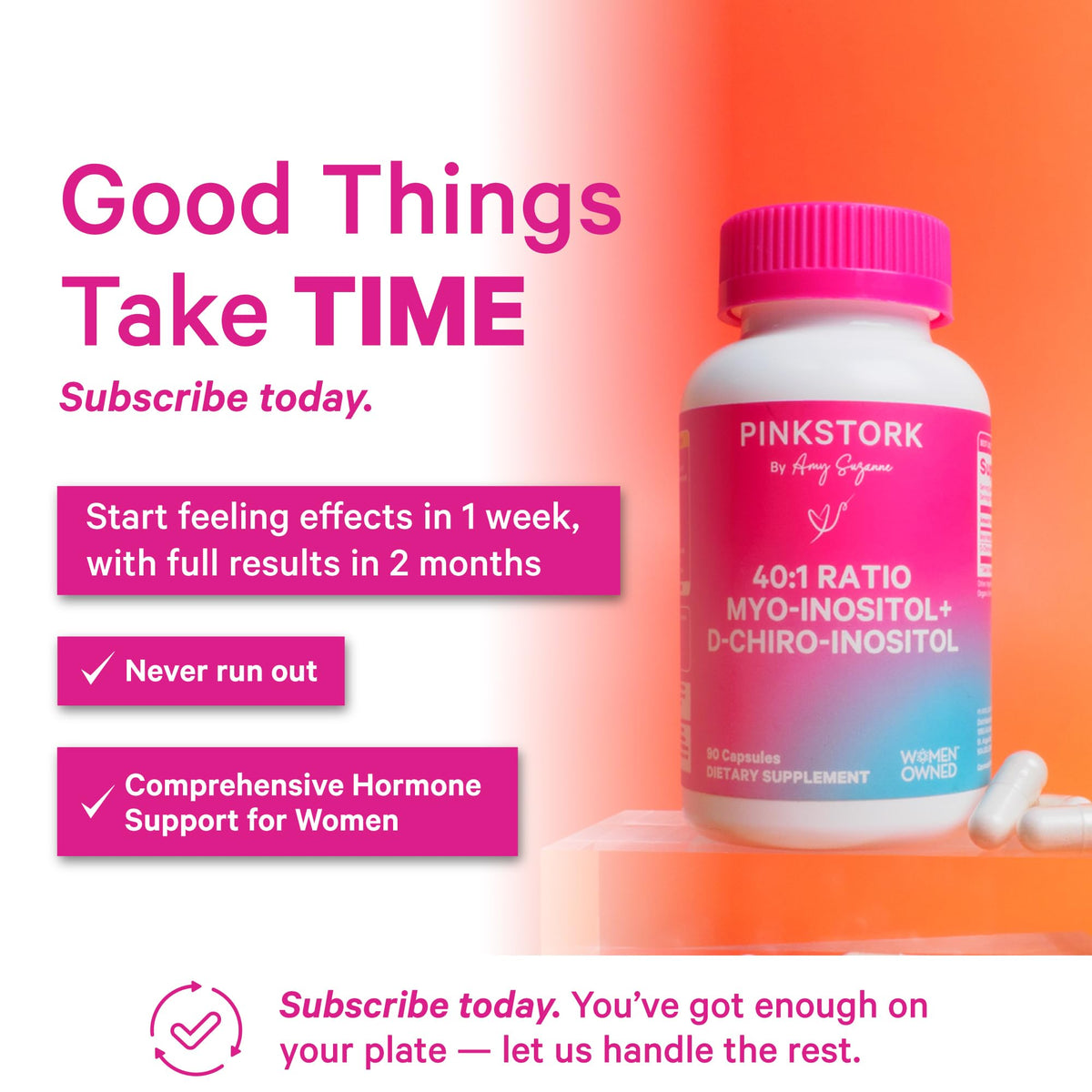 Capsules de Pink Stork Inositol dans un verre