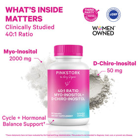 Capsules de Pink Stork Inositol sur une surface blanche