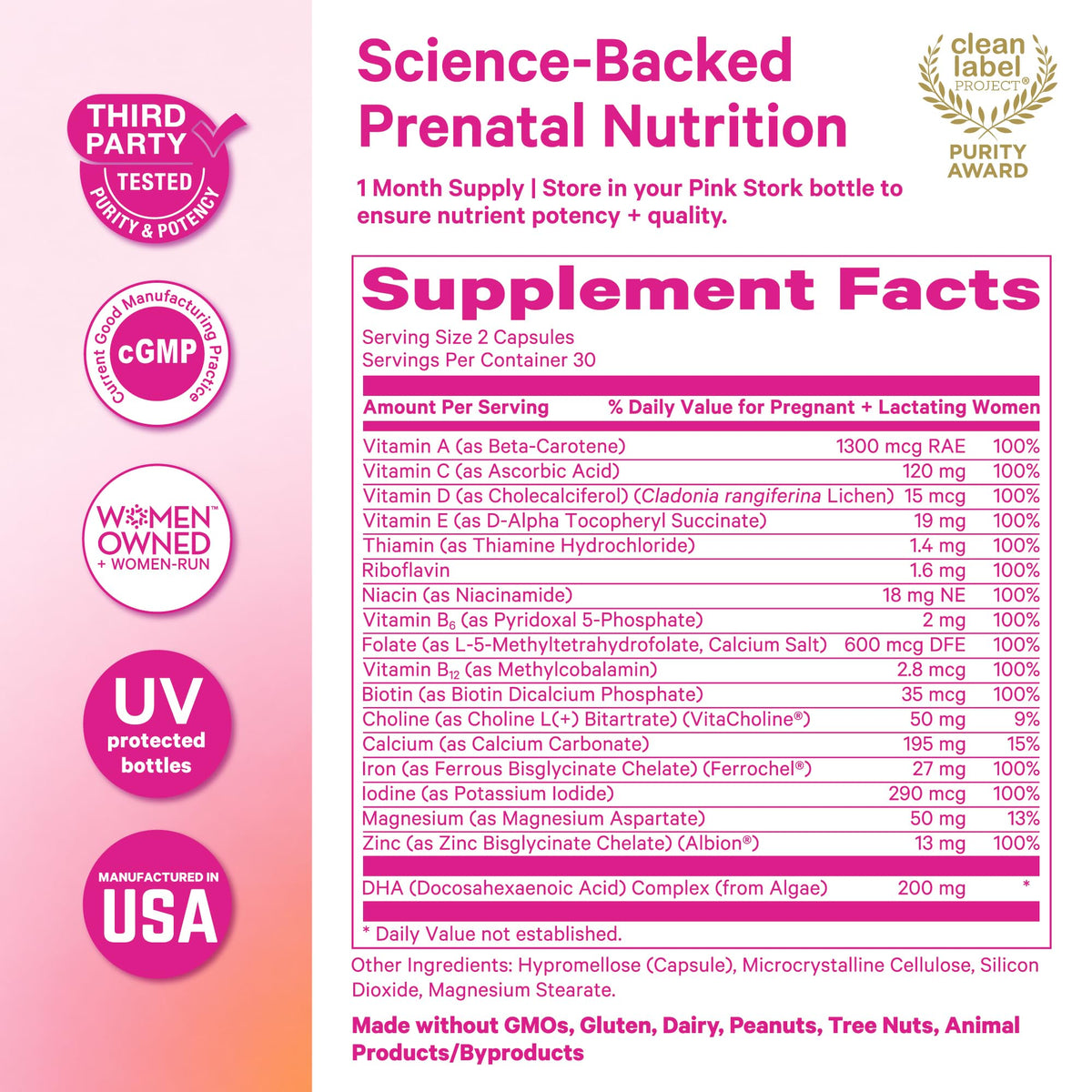 Capsules de Pink Stork Total Prenatal + DHA dans la main