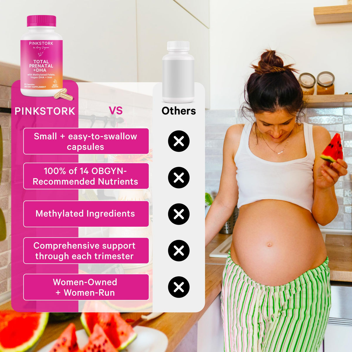 Capsules de Pink Stork Total Prenatal + DHA dans une main