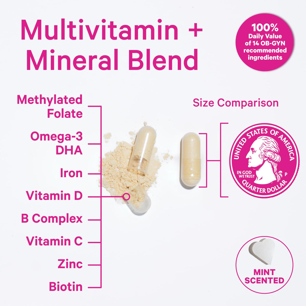 Capsules de Pink Stork Total Prenatal + DHA sur une surface blanche