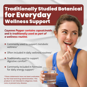 Capsules de poivre de cayenne VEGATOT à côté d'ingrédients botaniques