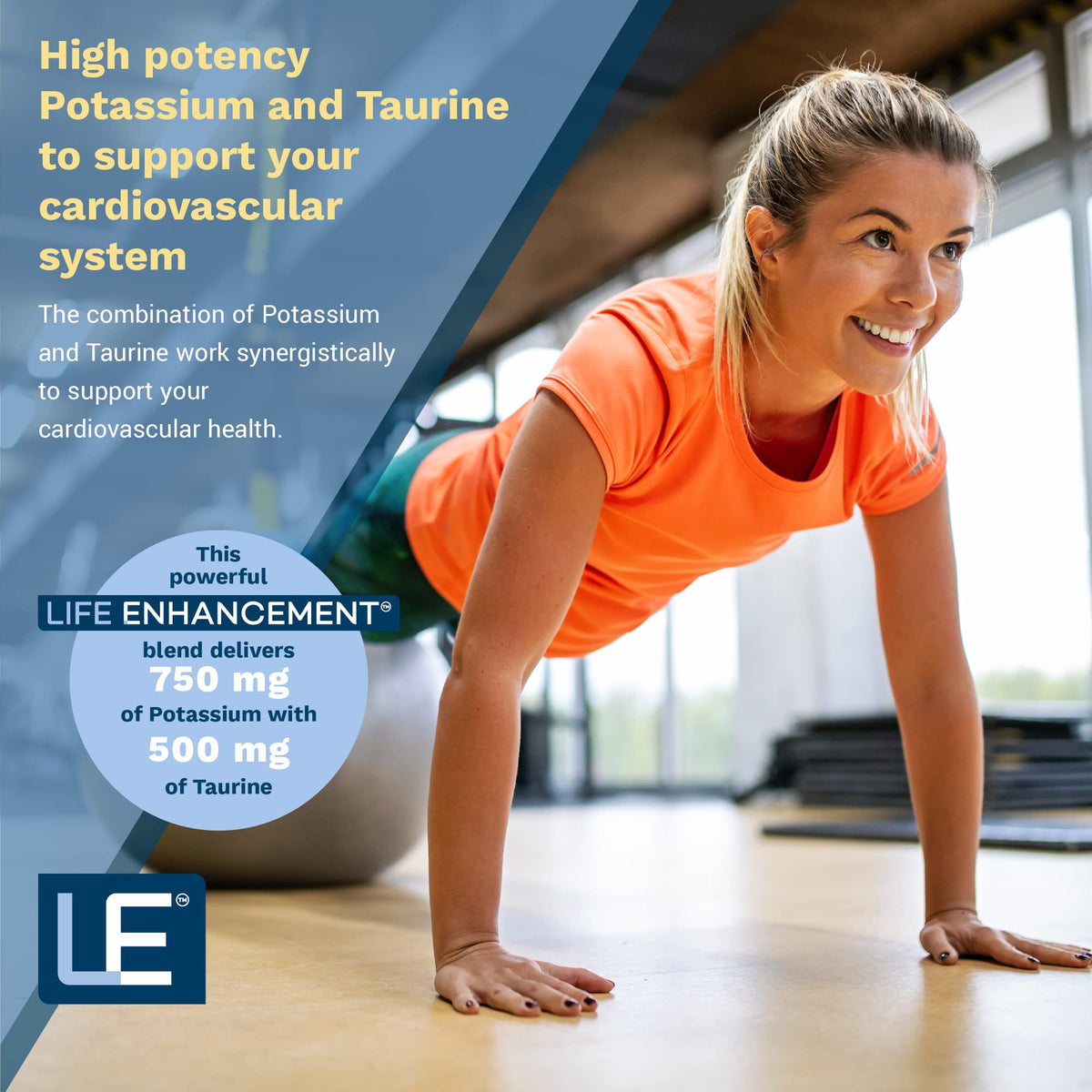 Capsules de potassium 750mg Life support sur une surface blanche