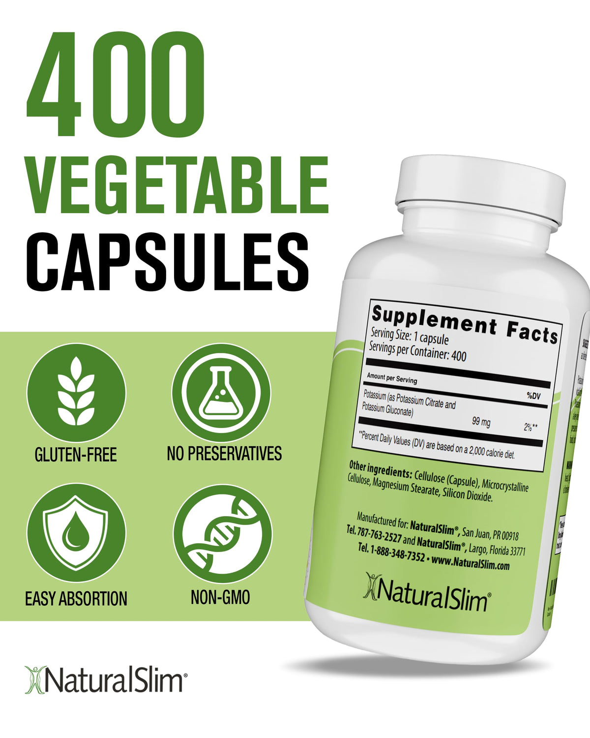 Capsules de potassium NaturalSlim sur fond blanc