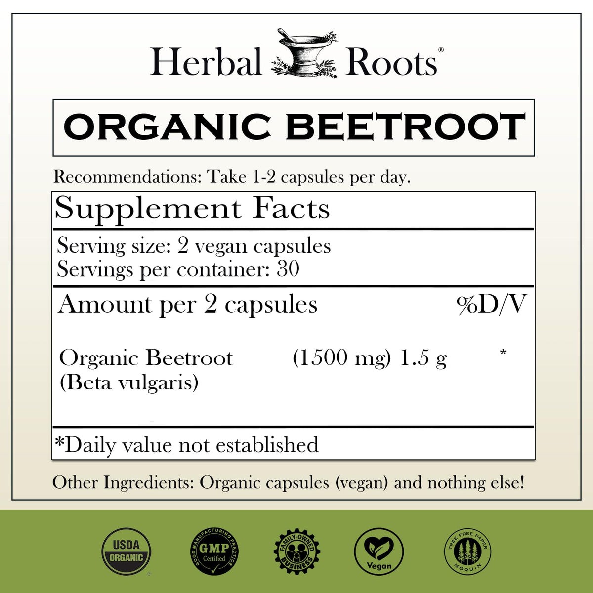 Capsules de poudre de betterave bio Herbal Roots, vue de près